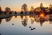 COTTESBROOKE HALL AND GARDENS, NORTHAMPTONSHIRE: SPRING, APRIL, VIEW OF PARKLAND FROM THE MITCHELL BRIDGE, SUNRISE