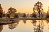 COTTESBROOKE HALL AND GARDENS, NORTHAMPTONSHIRE: SPRING, APRIL, VIEW OF PARKLAND FROM THE MITCHELL BRIDGE, SUNRISE