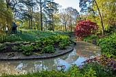 COTTESBROOKE HALL AND GARDENS, NORTHAMPTONSHIRE: SPRING, APRIL, THE WILD GARDEN, BRIDGE, BROOK, STREAM. ACER, MAPLE, GUNNERA MANICATA