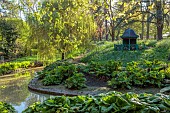 COTTESBROOKE HALL AND GARDENS, NORTHAMPTONSHIRE: SPRING, APRIL, THE WILD GARDEN, BRIDGE, BROOK, STREAM. GUNNERA MANICATA, WOODEN SUMMERHOUSE