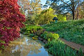 COTTESBROOKE HALL AND GARDENS, NORTHAMPTONSHIRE: SPRING, APRIL, THE WILD GARDEN, BROOK, STREAM. GUNNERA MANICATA, WOODEN SUMMERHOUSE, MATTEUCIA STRUTHIOPTERIS, MAPLE, ACER