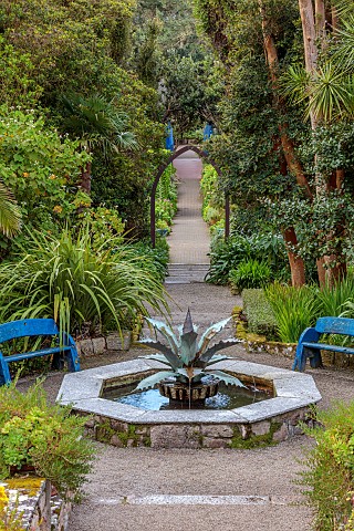 TRESCO_ABBEY_GARDEN_ISLES_OF_SCILLY_MAY_SPRING_THE_MEDITERRANEAN_GARDEN_BLUE_WOODEN_SEATS_BENCHES_CO