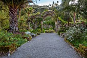 TRESCO ABBEY GARDEN, TRESCO,  ISLES OF SCILLY: MAY, SPRING, THE OLD ABBEY - WOODEN BENCH AND OLD ABBEY RUINS