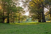 COTTESBROOKE HALL AND GARDENS, NORTHAMPTONSHIRE: SPRING, VIEW WEST, TREES, LAKE, PARKLAND, SUNSET