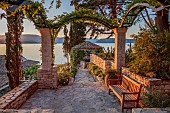 KOULOURA, CORFU, GREECE: DESIGNER PAUL BANGAY: TOP TERRACE, PERGOLA, SUNRISE