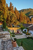 KOULOURA, CORFU, GREECE: DESIGNER PAUL BANGAY: TOP TERRACE, WATER FEATURE, LAWN, SUNRISE