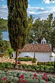 KOULOURA, CORFU, GREECE: DESIGNER PAUL BANGAY: VIEW OF CHURCH FROM THE UPPER TERRACE
