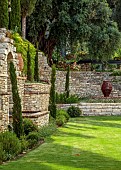 KOULOURA, CORFU, GREECE: DESIGNER PAUL BANGAY: LAWN, WALLS, WATER FEATURE, STEPS, TERRACOTTA CONTAINERS