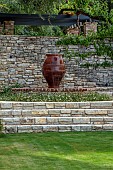 KOULOURA, CORFU, GREECE: DESIGNER PAUL BANGAY: LAWN, WALLS, WATER FEATURE, STEPS, TERRACOTTA CONTAINERS