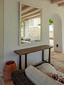 KOULOURA, CORFU, GREECE: DESIGNER PAUL BANGAY: SETTEE, TABLE, MIRROR, TERRACE, PATIO