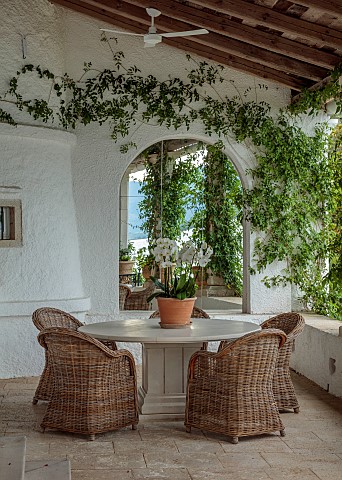 KOULOURA_CORFU_GREECE_DESIGNER_PAUL_BANGAY_COURTYARD_TERRACE_TABLE_CHIARS_ORCHID_MIRROR