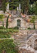 KOULOURA, CORFU, GREECE: DESIGNER PAUL BANGAY: COURTYARD, TERRACE, COURTYARD, WALLS, TERRACOTTA CONTAINERS, STAR JASMINE, TRACHELOSPERMUM JASMINOIDES, STEPS