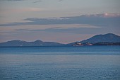 KOULOURA, CORFU, GREECE: DESIGNER PAUL BANGAY: VIEW TOWARDS CORFU TOWN, DAWN