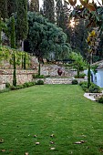 KOULOURA, CORFU, GREECE: DESIGNER PAUL BANGAY: LAWN, WALLS, TERRACES, WATER FEATURE, TERRACOTTA CONTAINERS