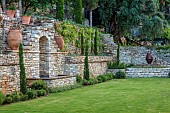 KOULOURA, CORFU, GREECE: DESIGNER PAUL BANGAY: LAWN, WALLS, TERRACES, WATER FEATURE, TERRACOTTA CONTAINERS