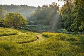 CAISSON GARDEN, SOMERSET: MEADOW, RILL, WATER FEATURE, VIEW TO THE POUND, A DEEP POND