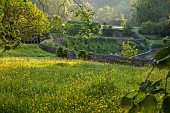 CAISSON GARDEN, SOMERSET: MEADOW, VIEW TO THE POUND, A DEEP POND, WALL