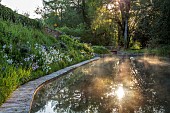 CAISSON GARDEN, SOMERSET: VIEW TO THE POUND, A DEEP POND, WATER, POOL, CANAL, DECKING, REFLECTIONS, REFLECTED, HESPERIS, EUPHORBIA PALUSTRIS, MATRONALIS VAR. ALBIFLORA