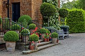 PRIORS MARSTON, WARWICKSHIRE, THE MANOR HOUSE: THE FRONT STEPS, TERRACOTTA CONTAINERS WITH GERANIUMS, CLIPPED BOX
