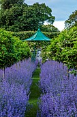 THE MANOR HOUSE, BLEDLOW, BUCKINGHAMSHIRE: MAY, MURAL OF VERTUMNUS IN THE MANNER OF ARCHIMBOLDO BY OWEN TURVILLE, ARBOUR, ROSA CERISE BOUQUET, NEPETA WALKERS LOW, PATH, VISTA