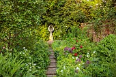 OLD BLADBEAN STUD GARDENS, KENT: JUNE, THE ROSE GARDEN, ANGEL SCULPTURE BY PETER MOORHOUSE, PATH