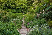 OLD BLADBEAN STUD GARDENS, KENT: JUNE, THE ROSE GARDEN, ANGEL SCULPTURE BY PETER MOORHOUSE, PATH