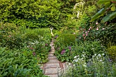 OLD BLADBEAN STUD GARDENS, KENT: JUNE, THE ROSE GARDEN, ANGEL SCULPTURE BY PETER MOORHOUSE, PATH