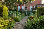 COTTESBROOKE HALL AND GARDENS, NORTHAMPTONSHIRE: JUNE, THE TERRACE, DOUBLE HERBACEOUS BORDERS, PATH, YEW, VISTA, ALLIUMS, LUPINS