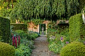 COTTESBROOKE HALL AND GARDENS, NORTHAMPTONSHIRE: JUNE, THE TERRACE, DOUBLE HERBACEOUS BORDERS, PATH, YEW, VISTA, ALLIUMS, LUPINS, WALL, GATE, URN
