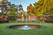 COTTESBROOKE HALL AND GARDENS, NORTHAMPTONSHIRE: JUNE, THE POOL GARDEN, FOUNTAIN, WALLS, WHITE ROSES, ROSA CITY OF WINCHESTER