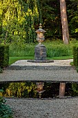 COTTESBROOKE HALL AND GARDENS, NORTHAMPTONSHIRE: JUNE, BLACK REFLECTING POOL, WATER, POND, STONE URN, REFLECTIONS, REFLECTED