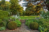 COTTESBROOKE HALL AND GARDENS, NORTHAMPTONSHIRE: THE TERRACE, STEPS, DELPHINIUM CONSTANCE RIVET, ONOPORDUM ACANTHIUM, DELPHINIUM CASSIUS, SALVIA CARADONNA