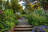 COTTESBROOKE HALL AND GARDENS, NORTHAMPTONSHIRE: THE TERRACE, STEPS, DELPHINIUM CONSTANCE RIVET, ONOPORDUM ACANTHIUM, DELPHINIUM CASSIUS, CAMPANULA