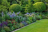 MORTON HALL GARDENS, WORCESTERSHIRE: JUNE, BORDERS, PEROVSKIA, ROSES, ROSA MUNSTEAD WOOD, BLUE FLOWERS OF CAMPANULA PRITCHARDS VARIETY, LAWN