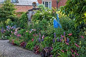MORTON HALL GARDENS, WORCESTERSHIRE: JUNE, KITCHEN GARDEN, PINK ROSE, ROSA BOSCOBEL, DELPHINIUM CUPID, ALSTROEMERIA SIRIUS, THALICTRUM FLAVUM GLAUCUM, LUPINS