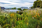 HIGHFIELD FARM, MONMOUTHSHIRE: JULY, BORDERS, KNIPHOFIA TAWNY KING, SANGUISORBA TENUIFOLIA ALBA, GRASS PATH