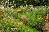 HIGHFIELD FARM, MONMOUTHSHIRE: JULY, KNIPHOFIA TAWNY KING, SANGUISORBA TENUIFOLIA ALBA, VERBASCUM OLYMPICUM