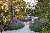 HIGHFIELD FARM, MONMOUTHSHIRE: JULY, PATIO, TERRACE, TABLE, CHAIRS, LAVENDER, LAVENDULA MUNSTEAD, ROSE, ROSA NIGHT OWL