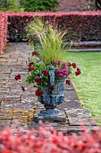 COTTESBROOKE HALL AND GARDENS, NORTHAMPTONSHIRE: THE POOL GARDEN, COPPER BEECH HEDGE, WALLED, HEDGING, CONTAINER WITH PELARGONIUM TOMMY, STIPA TENUISSIMA, VERBENA DARK MAGENTA