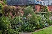COTTESBROOKE HALL AND GARDENS, NORTHAMPTONSHIRE: STATUE WALK, DAWN, BORDERS, STACHYS, SANGUISORBA LILAC SQUIRREL, DELPHINIUN PINK RUFFLES, VERONICASTRUM VIRGINICUM ALBUM