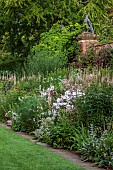COTTESBROOKE HALL AND GARDENS, NORTHAMPTONSHIRE: STATUE WALK, BORDERS, VERONICASTRUM VIRGINICUM ALBUM, PHLOX, CLEMATIS