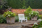 COTTESBROOKE HALL AND GARDENS, NORTHAMPTONSHIRE: THE MONKEY POOL, HYDRANGEA MACROPHYLLA MADAME EMILE MOUILLERE BESIDE THE POOL, WATER, WHITE BENCHES