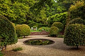 COTTESBROOKE HALL AND GARDENS, NORTHAMPTONSHIRE: THE REFLECTING POOL, CLIPPED BEECH TOPIARY, GRAVEL, WATER, DARK POOL