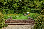 COTTESBROOKE HALL AND GARDENS, NORTHAMPTONSHIRE: STEPS UP FROM THE REFLECTING POOL, CLIPPED BEECH TOPIARY, GRAVEL, HEDGES, HEDGING, STONE URN, CONTAINER, BENCH, CALIFORNIAN POPPIES