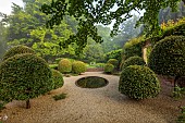 COTTESBROOKE HALL AND GARDENS, NORTHAMPTONSHIRE: THE REFLECTING POOL, CLIPPED BEECH TOPIARY, GRAVEL, WATER, DARK POOL