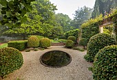 COTTESBROOKE HALL AND GARDENS, NORTHAMPTONSHIRE: THE REFLECTING POOL, CLIPPED BEECH TOPIARY, GRAVEL, WATER, DARK POOL