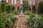 COTTESBROOKE HALL AND GARDENS, NORTHAMPTONSHIRE: THE DUTCH GARDEN, SUNDIAL, PATH, FOCAL POINT, FORMAL, DAHLIA MERKII, ROSA CECILE BRUNNER