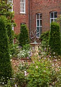 COTTESBROOKE HALL AND GARDENS, NORTHAMPTONSHIRE: THE DUTCH GARDEN, SUNDIAL, PATH, FOCAL POINT, FORMAL, DAHLIA MERKII, ROSA CECILE BRUNNER