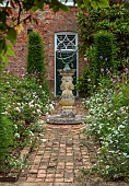 COTTESBROOKE HALL AND GARDENS, NORTHAMPTONSHIRE: THE DUTCH GARDEN, SUNDIAL, PATH, FOCAL POINT, FORMAL, DAHLIA MERKII, ROSA CECILE BRUNNER