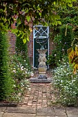 COTTESBROOKE HALL AND GARDENS, NORTHAMPTONSHIRE: THE DUTCH GARDEN, SUNDIAL, PATH, FOCAL POINT, FORMAL, DAHLIA MERKII, ROSA CECILE BRUNNER